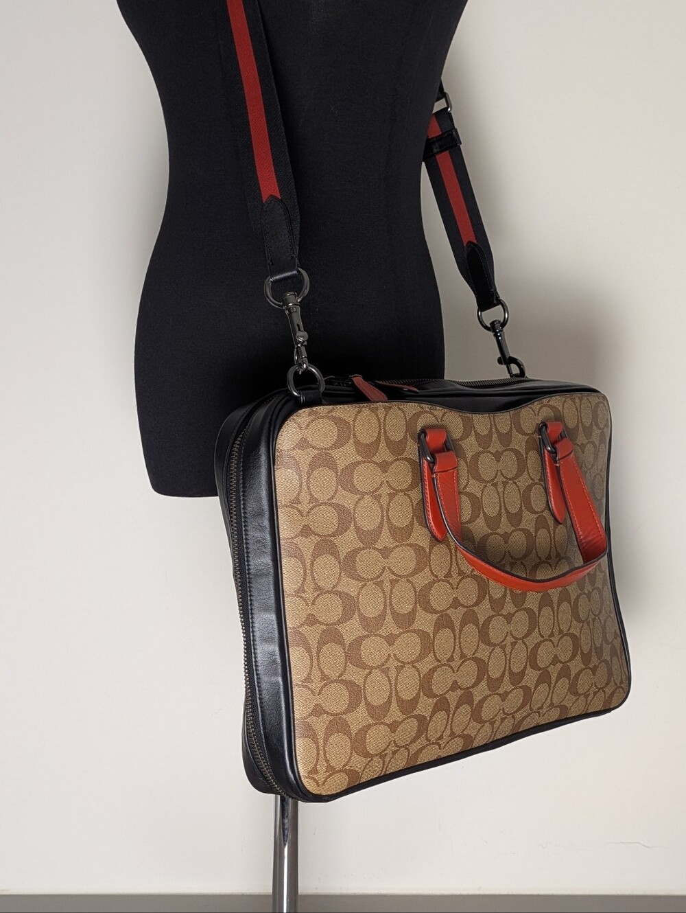 Coach Graham Canvas With Leather Laptop Bag Crossbody Bag Briefcase Orange Black
